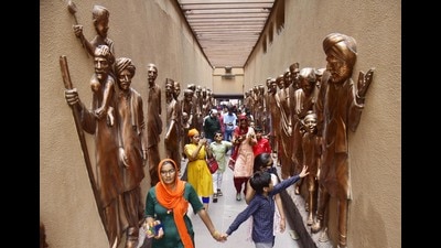 Visitors at the refurbished Jallianwala Bagh on the first day after it was reopened for public on Sunday. (Sameer Sehgal /HT) Visitors at the refurbished Jallianwala Bagh on the first day after it was reopened for public on Sunday. (Sameer Sehgal /HT)