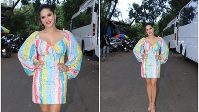 Sunny Leone was seen at the Bigg Boss OTT set in Mumbai. (Varinder Chawla)