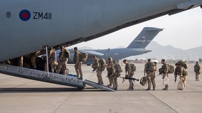 UK military personnel board an A400M aircraft departing Kabul, Afghanistan, on August 28, 2021. (Photo via REUTERS)