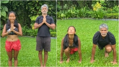 Milind Soman and Ankita Konwar perform Surya Namaskar to improve joint mobility, strength (Instagram/@milindrunning) Milind Soman and Ankita Konwar perform Surya Namaskar to improve joint mobility, strength (Instagram/@milindrunning)