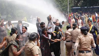 A few AAP leaders and workers sustained injuries after police resorted to the use of water cannons to disperse them. A few AAP leaders and workers sustained injuries after police resorted to the use of water cannons to disperse them.