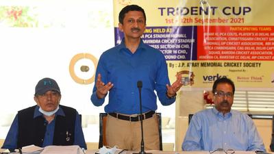 Organisers of the JP Atray Memorial Cricket Tournament for Trident Cup addressing a press conference in Chandigarh on Sunday. (Keshav Singh/HT)