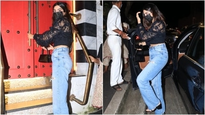 Khushi wore a lacy full-sleeved sheer crop top for the outing. It featured a gathered hemline and embroidered details all over. (HT Photo/Varinder Chawla)