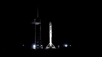 A recycled Falcon rocket blasted into the predawn sky from NASA’s Kennedy Space Center. (Twitter/@NASAKennedy) A recycled Falcon rocket blasted into the predawn sky from NASA’s Kennedy Space Center. (Twitter/@NASAKennedy)