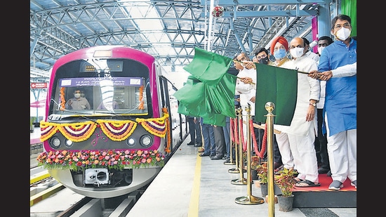 Union minister Hardeep Singh Puri with CM Basavaraj Bommai inaugurate the 7.5 km segment of Bengaluru metro. (PTI) Union minister Hardeep Singh Puri with CM Basavaraj Bommai inaugurate the 7.5 km segment of Bengaluru metro. (PTI)