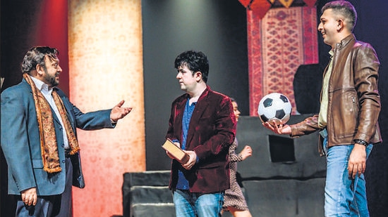 From left: Akash Khurana, Nipun Dharmadhikari and Adhaar Khurana in a scene from the stage production of ‘The Kite Runner’. (HT PHOTO)