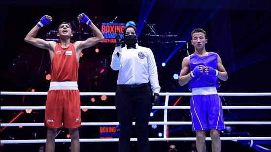 Rohit Chamoli (in red) after winning the final bout in the 48-kg category at ASBC Asian Youth and Junior Boxing Championships in Dubai on Sunday.