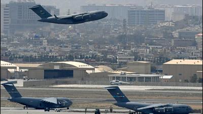 A US Air Force aircraft takes off from the airport in Kabul on August 30, 2021. (AFP) A US Air Force aircraft takes off from the airport in Kabul on August 30, 2021. (AFP)