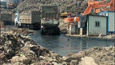 A leachate pond that was reported from the Bandhwari landfill on August 10. However, officials claimed it was accumulated rainwater. A leachate pond that was reported from the Bandhwari landfill on August 10. However, officials claimed it was accumulated rainwater.