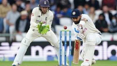 India's captain Virat Kohli, right, bats during the third day of third test cricket match between England and India, at Headingley cricket ground in Leeds, England, Friday, Aug. 27, 2021. (AP Photo/Jon Super) (AP) India's captain Virat Kohli, right, bats during the third day of third test cricket match between England and India, at Headingley cricket ground in Leeds, England, Friday, Aug. 27, 2021. (AP Photo/Jon Super) (AP)