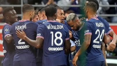 Paris Saint-Germain players celebrate after PSG's Kylian Mbappe scored his goal. (AP) Paris Saint-Germain players celebrate after PSG's Kylian Mbappe scored his goal. (AP)