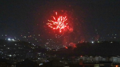 Celebratory gunfires light up part of the night sky after the last US aircraft took off from the airport in Kabul early on Tuesday. (AFP Photo) Celebratory gunfires light up part of the night sky after the last US aircraft took off from the airport in Kabul early on Tuesday. (AFP Photo)