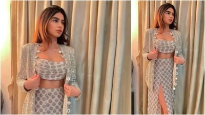 Khushi Kapoor added more charm to her look by teaming the outfit with a 'silver classic mirror work jacket'. (Instagram/@arpitamehtaofficial) Khushi Kapoor added more charm to her look by teaming the outfit with a 'silver classic mirror work jacket'. (Instagram/@arpitamehtaofficial)