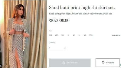 The skirt and the bralette set costs <span class='webrupee'>₹</span>34,000 while the jacket is for <span class='webrupee'>₹</span>68,000/-. (Instagram/@arpitamehtaofficial) The skirt and the bralette set costs <span class='webrupee'>₹</span>34,000 while the jacket is for <span class='webrupee'>₹</span>68,000/-. (Instagram/@arpitamehtaofficial)