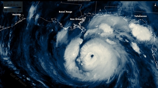 A satellite image shows Hurricane Ida in the Gulf of Mexico on August 29. Hurricane Ida pummeled New Orleans and the Louisiana coast overnight with lashing rain and ferocious gusts, leaving much of the region without electricity and bracing for widespread floods.(European Union, Copernicus Sentinel-3 Imagery, Processed by DG DEFIS via REUTERS)