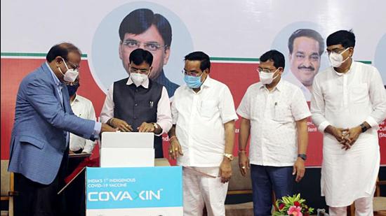 Union health minister Mansukh Mandaviya releases the first commercial batch of Covaxin, at Ankaleshwar, in Bharuch on Sunday. (ANI)