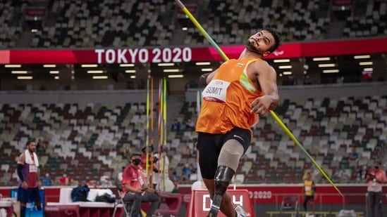 Sumit Antil wins Gold in the men's javelin throw F64 with a new world record of 68.08 at Tokyo 2020 Paralympics(PTI)