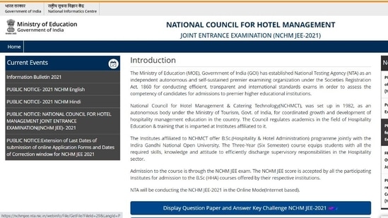 NCHM JEE 2021 answer key released at https://nchmjee.nta.nic.in, link here
