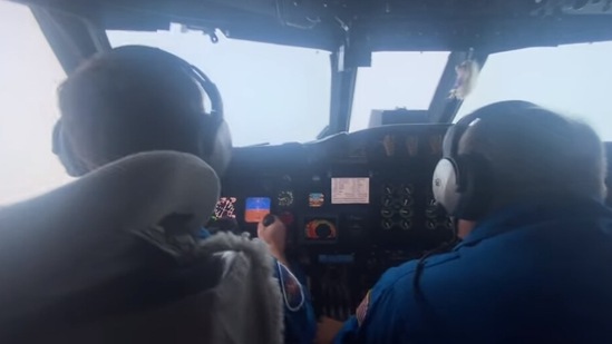 The image taken from the video shows the pilots flying into the eye of hurricane Ida.(Facebook/@NOAAHurricaneHunters )