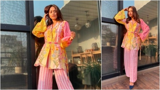 Nushrratt Bharuccha decided to go all boho in this trendy pink striped pantsuit.(Instagram/@nushrrattbharuccha)