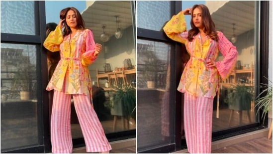 Nushrratt Bharuccha is all smiles as she poses in this floral summer coloured ensemble.(Instagram/@nushrrattbharuccha)