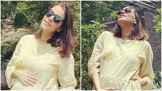 Neha Dhupia is gorgeous in ₹17k cotton midi dress as she cradles her ...