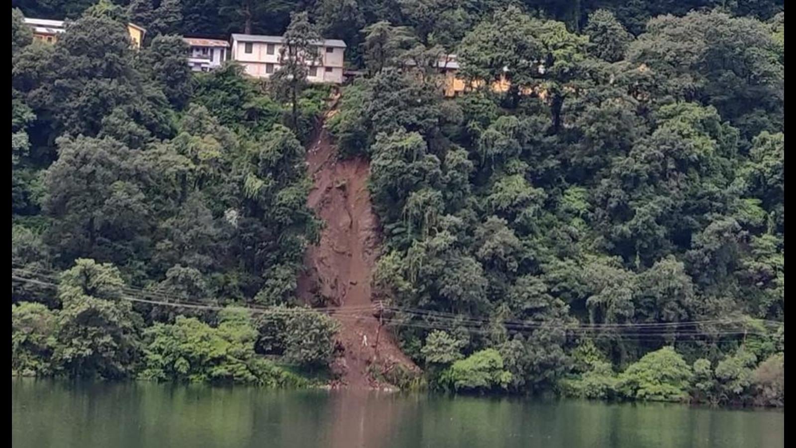 Landslide rocks Nainital lake area, boulders and debris fall into