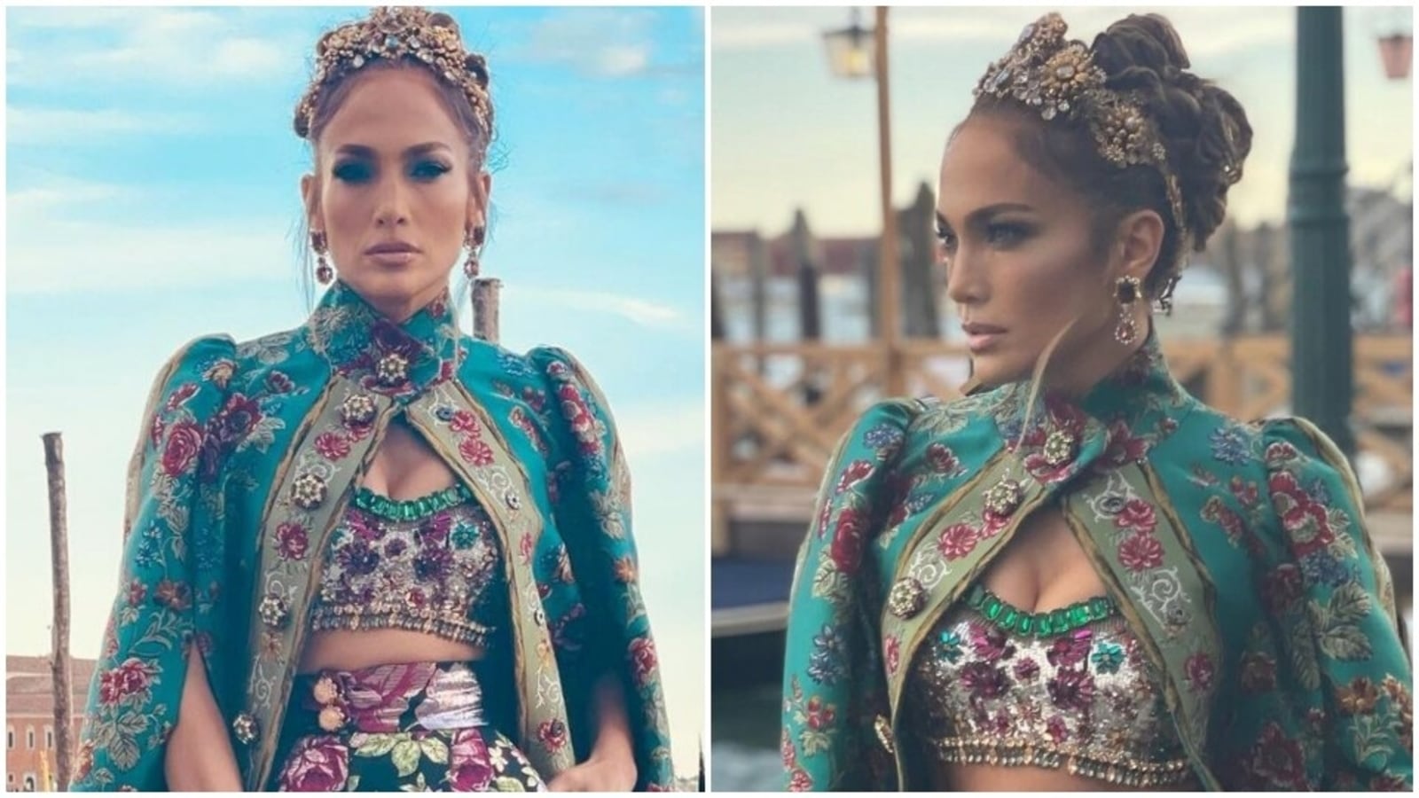 Jennifer Lopez in Dolce & Gabbana jewelled bra top, floral cape and gold  crown is a queen