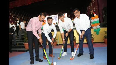 Olympic gold medallist Neeraj Chopra with Niti Aayog CEO Amitabh Kant and others at Phagwara on Tuesday. Olympic gold medallist Neeraj Chopra with Niti Aayog CEO Amitabh Kant and others at Phagwara on Tuesday.