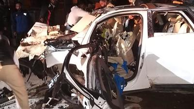 The Audi car was completely crushed due to the impact of the crash. (HT Photo) The Audi car was completely crushed due to the impact of the crash. (HT Photo)