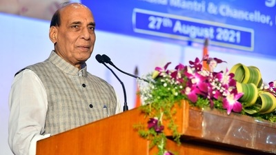 Rajnath Singh, who is also the Lok Sabha MP from Lucknow, said: “Had Yogi Adityanath not been the chief minister, then I would not have been able to work so much for Lucknow.” (ANI Photo) (ANI)