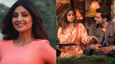 Shilpa Shetty reacts as Shamita Shetty saves Raqesh Bapat from elimination.