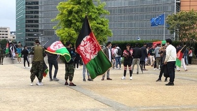 Afghans living in Brussels take part in the protest on Monday against hostile takeover of their country by the Taliban.