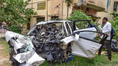 The wreckage of an Audi car which crashed into a pole Monday night at Koramangla in Bengaluru. (PTI) The wreckage of an Audi car which crashed into a pole Monday night at Koramangla in Bengaluru. (PTI)