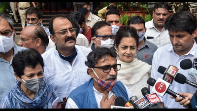 Haryana COngress leaders outside the NHRC office in New Delhi on Tuesday. (PTI)