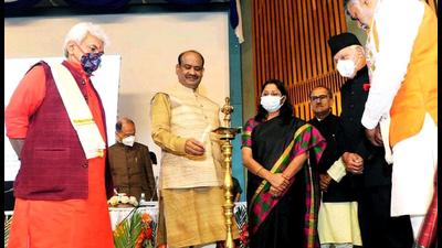 Lok Sabha Speaker Om Birla lights the lamp in presence of National Conference chief Farooq Abdullah, J&K L-G Manoj Sinha, and others during the inauguration of the Parliamentary Outreach Programme for the empowerment of panchayati raj Institutions, in Srinagar on Tuesday. (ANI) Lok Sabha Speaker Om Birla lights the lamp in presence of National Conference chief Farooq Abdullah, J&K L-G Manoj Sinha, and others during the inauguration of the Parliamentary Outreach Programme for the empowerment of panchayati raj Institutions, in Srinagar on Tuesday. (ANI)