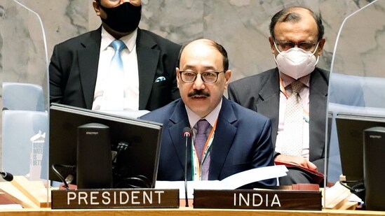 Foreign secretary Harsh Vardhan Shringla speaks at the UNSC meeting in New York. (ANI Photo)