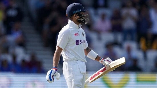 India's captain Virat Kohli walks off the field after losing his wicket during the fourth day of third test cricket match between England and India, at Headingley cricket ground in Leeds, England, Saturday, Aug. 28, 2021. (AP Photo/Jon Super)(AP)