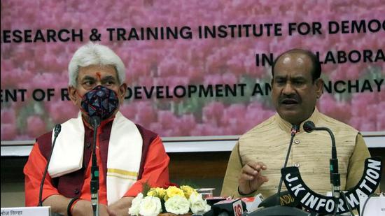 Lok Sabha speaker Om Birla along with J&K L-G Manoj Sinha addresses a press conference during Parliamentary outreach programme for the empowerment of panchayat raj institutions, in Srinagar on Tuesday. (ANI)