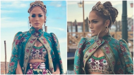 Jennifer Lopez in Dolce &amp; Gabbana jewelled bra top, floral cape and gold crown is a queen(Instagram/@jlo)