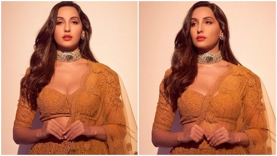 Nora Fatehi in mustard embroidered lehenga set worth <span class='webrupee'>₹</span>2 lakh serves the look of your dreams(Instagram/@norafatehi)