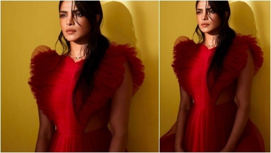 Priyanka Chopra paints the town red in this Victorian ruffled dress.(Instagram/@priyankachopra)