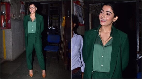 Rashmika was all smiles as she was spotted enjoying a dinner date last night in Mumbai, and her look for the outing has our hearts. She chose boss lady vibes by opting for a pantsuit but added a feminine charm with her radiant smile and elegance.(HT Photo/Varinder Chawla)