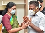 Expelled AIADMK leader VK Sasikala offers her condolences to AIADMK co-coordinator O Panneerselvam following the demise of the latter's wife Vijayalakshmi, in Chennai on Wednesday. Expelled AIADMK leader VK Sasikala offers her condolences to AIADMK co-coordinator O Panneerselvam following the demise of the latter's wife Vijayalakshmi, in Chennai on Wednesday.