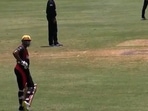 VIDEO: Unhappy with umpire's decision, Kieron Pollard protests silently by taking non-striker's guard near mid-wicket region