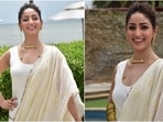 Bollywood actor Yami Gautam stepped out in Mumbai to promote her upcoming film Bhoot Police. The actor has been grabbing eyeballs with her sartorial choices of late, and her latest look is no exception. Today, she turned heads in the bay with her stylish traditional look.(HT Photo/Varinder Chawla)