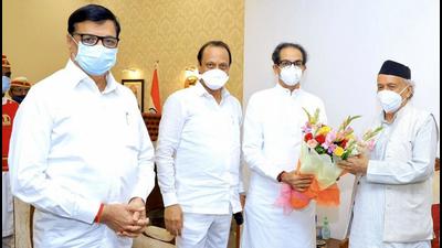Chief Minister Uddhav Balasaheb Thackeray with Deputy Chief Minister Ajit Pawar, Minister of Revenue BB Thorat, and Governor BS Koshyari at Raj Bhavan. (PTI) Chief Minister Uddhav Balasaheb Thackeray with Deputy Chief Minister Ajit Pawar, Minister of Revenue BB Thorat, and Governor BS Koshyari at Raj Bhavan. (PTI)