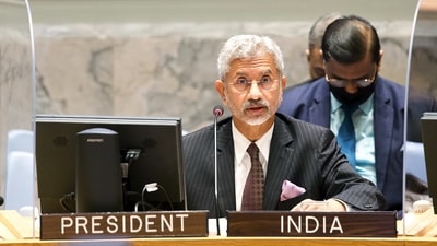 External affairs minister S Jaishankar chairs the UNSC briefing during India's presidency of the Council. (ANI Photo) External affairs minister S Jaishankar chairs the UNSC briefing during India's presidency of the Council. (ANI Photo)