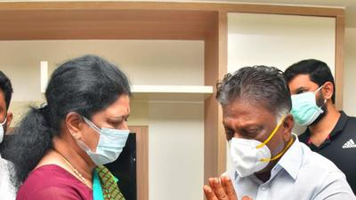 VK Sasikala, expelled AIADMK leader offers his condolences to AIADMK Co-coordinator O Panneerselvam following the demise of the latter's wife Vijayalakshmi in Chennai on Wednesday. (ANI) VK Sasikala, expelled AIADMK leader offers his condolences to AIADMK Co-coordinator O Panneerselvam following the demise of the latter's wife Vijayalakshmi in Chennai on Wednesday. (ANI)