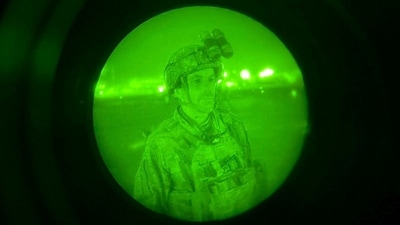 An image from the Pentagon taken with night-vision optics showed the last US soldier to step aboard the final evacuation flight out of Kabul – Major General Chris Donahue, commander of the 82nd Airborne Division. Army/Master Sgt. Alex Burnett/Handout via REUTERS